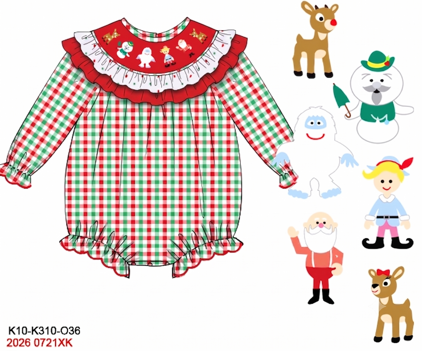 Girls Smocked Rudolph & Friends Red & Green Gingham Christmas Bubble
