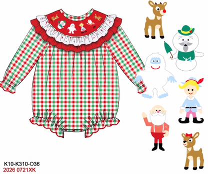 Girls Smocked Rudolph & Friends Red & Green Gingham Christmas Bubble