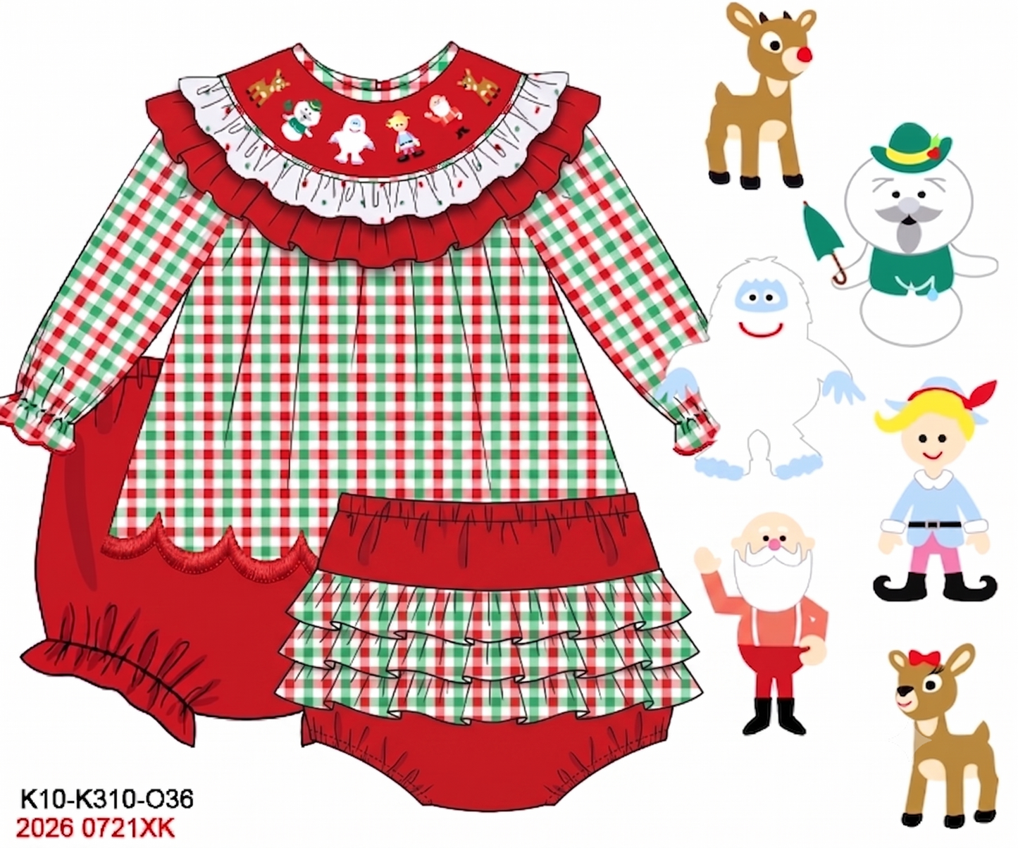 Girl's Hand Smocked Rudolph Christmas Plaid Diaper Set