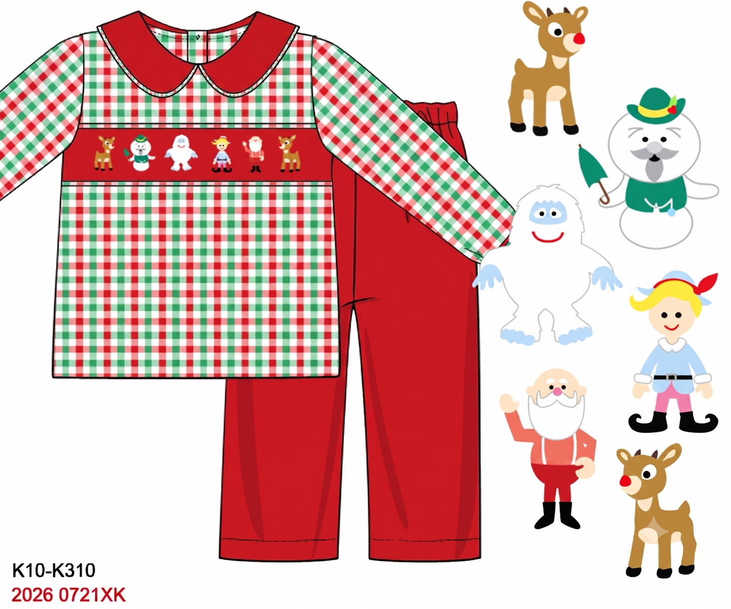 Boys Hand Smocked Rudolph & Friends Red & Green Gingham Christmas Long Sleeve Pants Set
