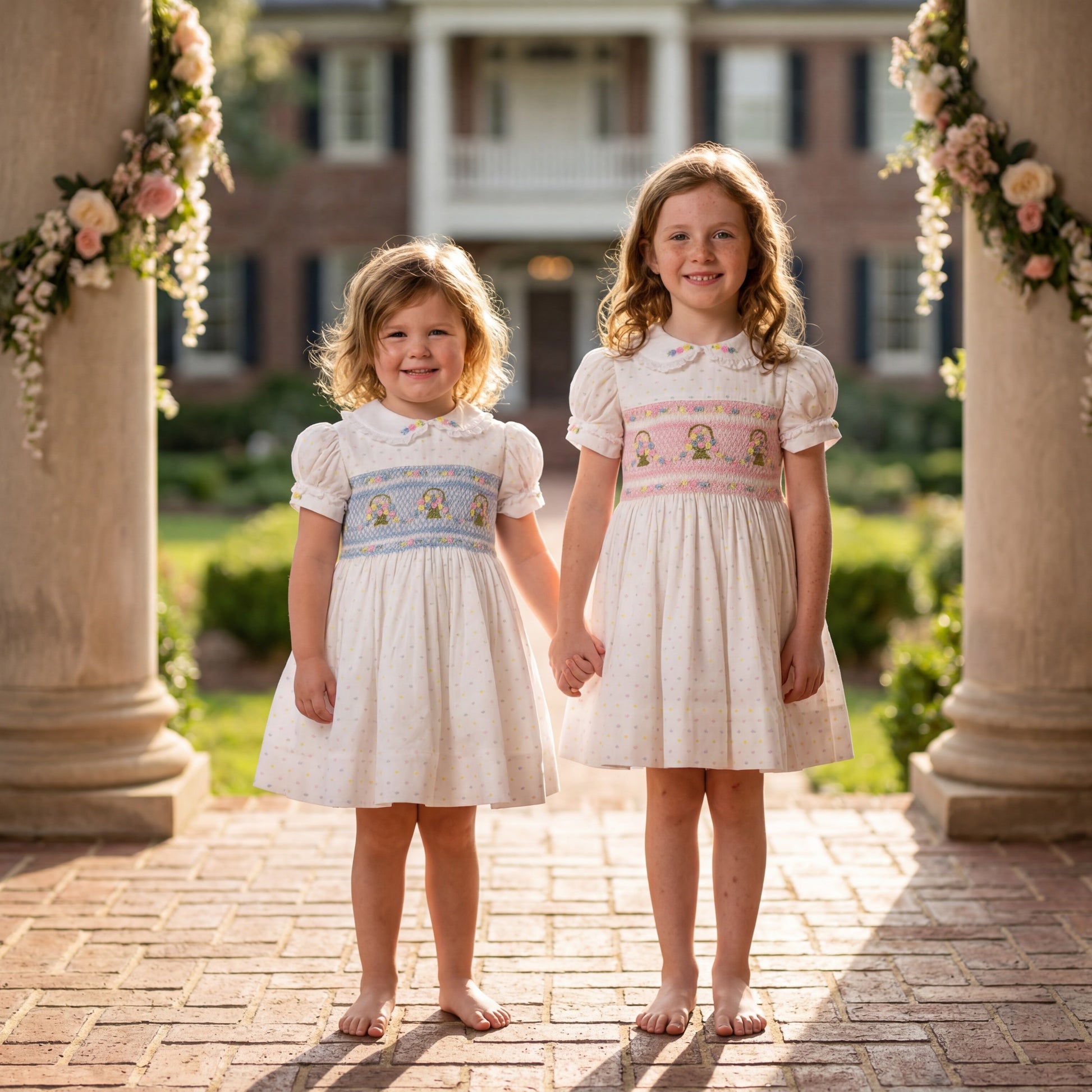 Two young girls in embroidered dresses standing between columns with floral decorations.