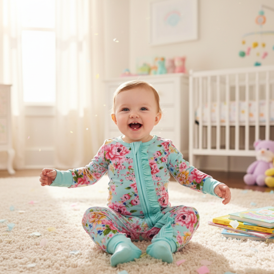 TEAL FLORAL RUFFLE BUTT SLEEPER WITH HAND AND FOOTIE COVERS