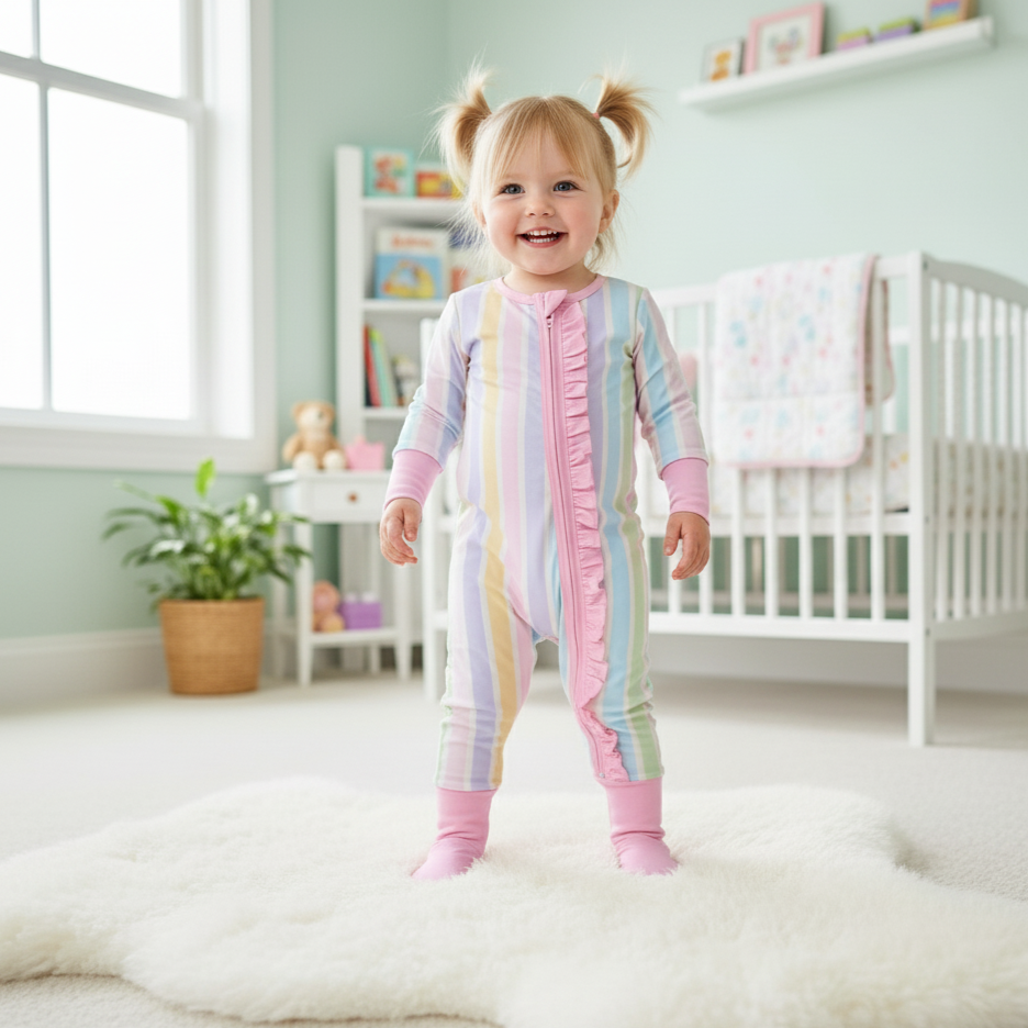 PREPPY PASTEL STRIPE RUFFLE BUTT SLEEPER ONESIE