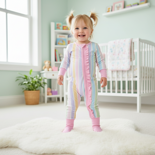 PREPPY PASTEL STRIPE RUFFLE BUTT SLEEPER ONESIE