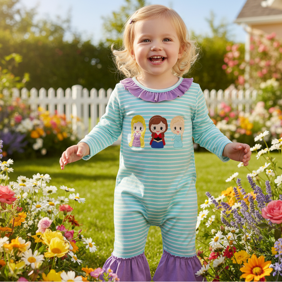 MAGICAL - STRIPE PRINCESS EMBROIDERY GIRL ROMPER