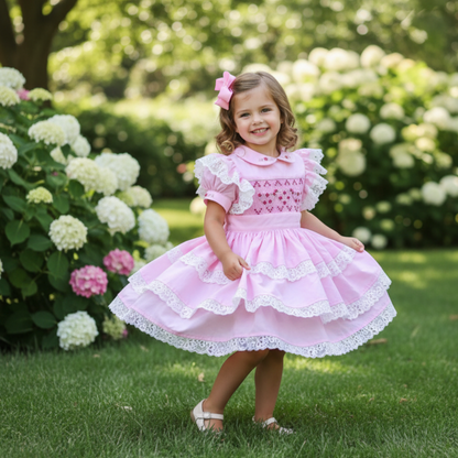 PINK 2PC DRESS WITH DETACHABLE APRON - HAND SMOCKED WITH HAND EMBROIDERED DRESS
