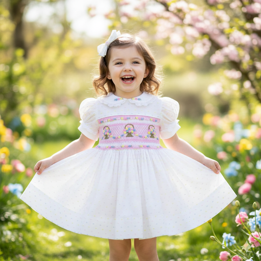 PINK FLOWER BASKET HAND SMOCKED WITH HAND EMBROIDERED DRESS