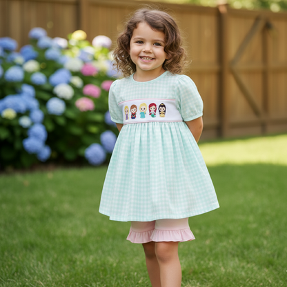 MAGICAL - BLUE PRINCESS EMBROIDERY GIRL GINGHAM SHORTS SET