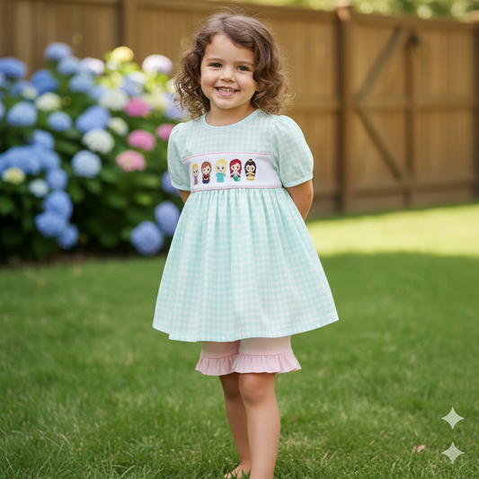 MAGICAL - BLUE PRINCESS EMBROIDERY GIRL GINGHAM SHORTS SET