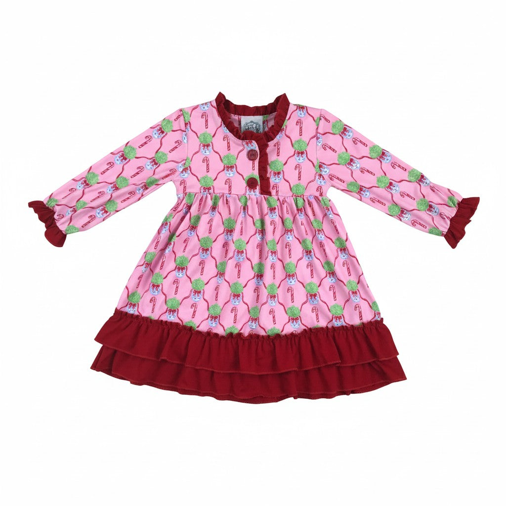 Christmas Chinoiserie Pink Candy Cane Long Sleeve Nightgown