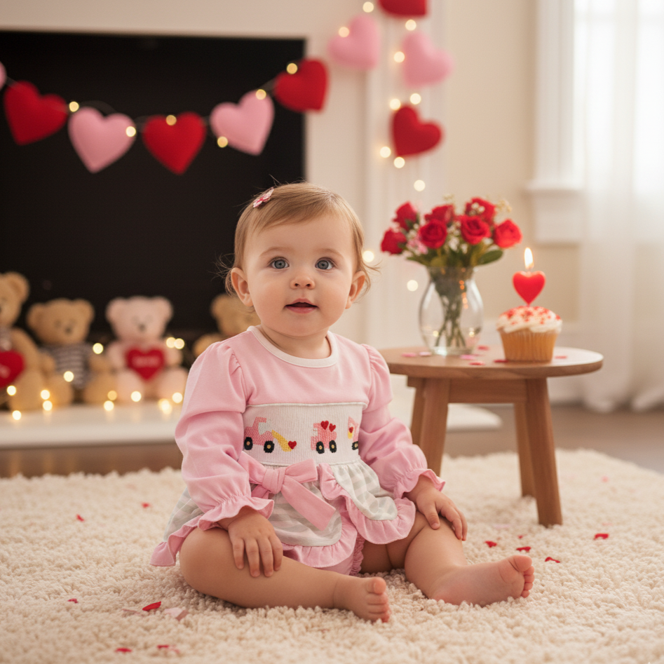 VALENTINES DAY CONSTRUCTION HEARTS - HAND SMOCKED - GIRL BLOOMER SET