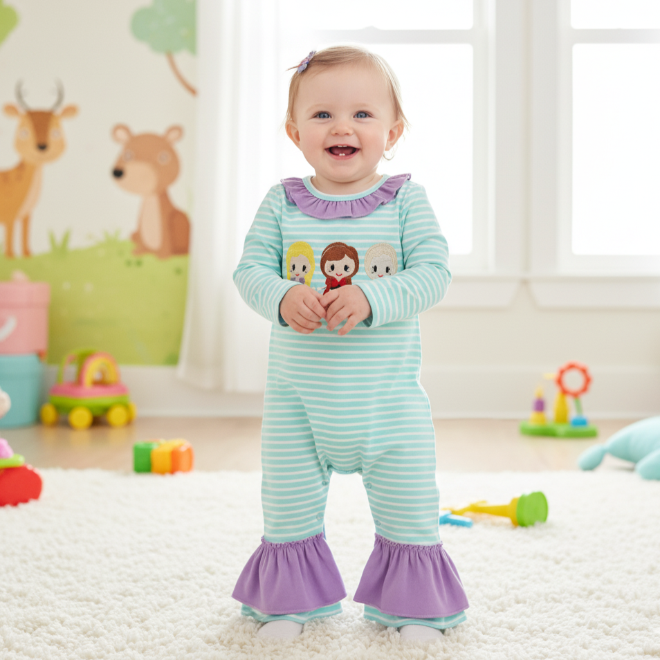 MAGICAL - STRIPE PRINCESS EMBROIDERY GIRL ROMPER