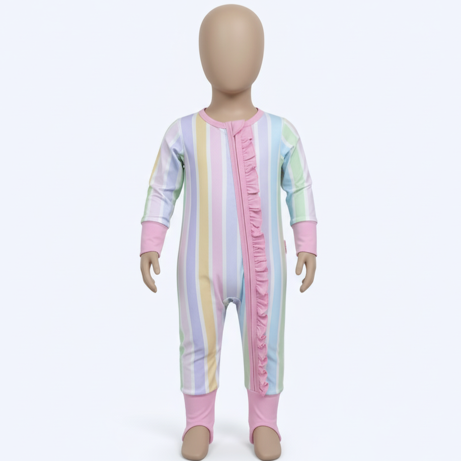 PREPPY PASTEL STRIPE RUFFLE BUTT SLEEPER ONESIE