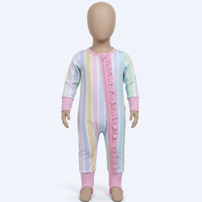 PREPPY PASTEL STRIPE RUFFLE BUTT SLEEPER ONESIE