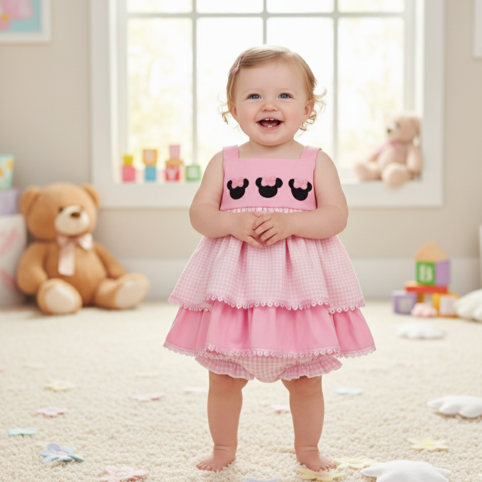 PINK BOW MOUSE FRENCH KNOT BLOOMER SET