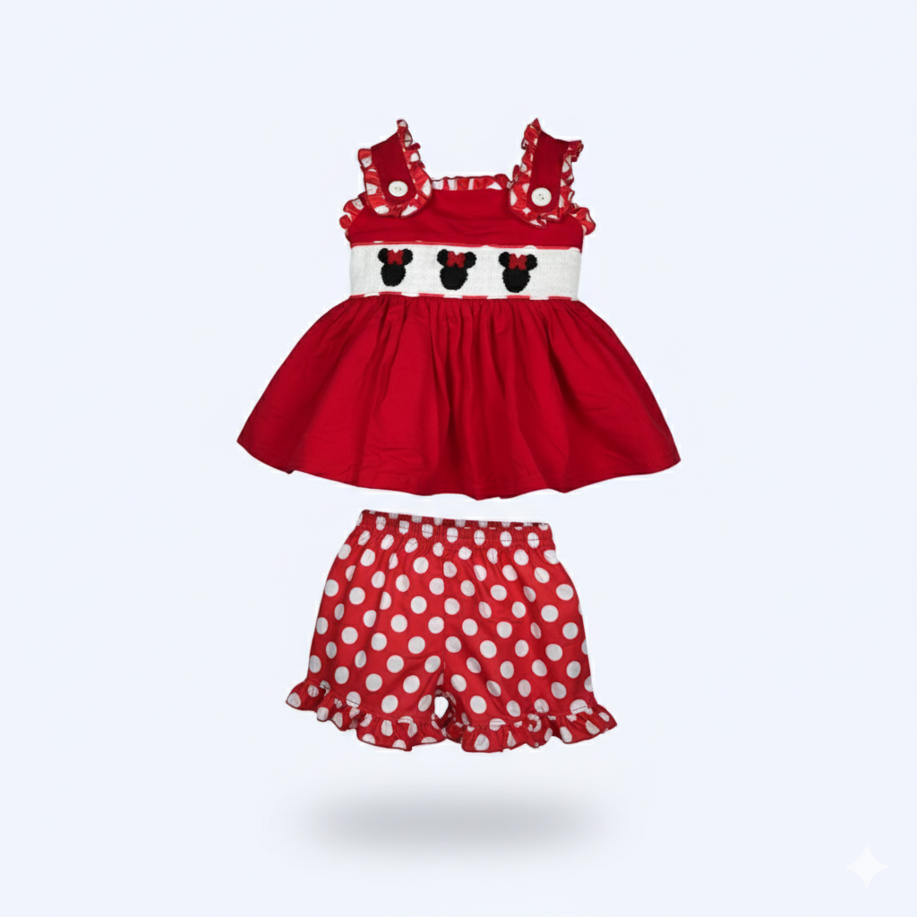 MAGICAL BOW MOUSE - RED POLKA DOT SHORTS SET - HAND SMOCKED