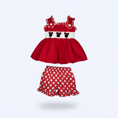 MAGICAL BOW MOUSE - RED POLKA DOT SHORTS SET - HAND SMOCKED