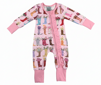 Floral Western Ruffled Zippy - Boot Scootin Boots And Flowers Girl Zippy