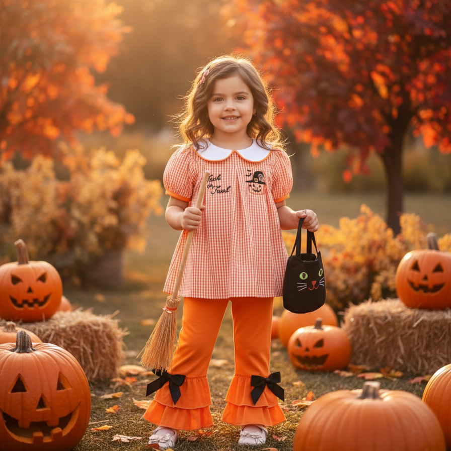 HALLOWEEN - ORANGE GINGHAM EMBROIDERY GIRL PANTS SET