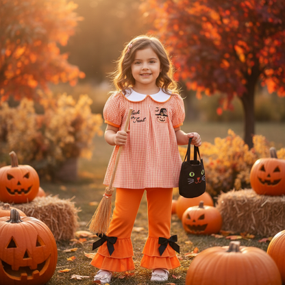 HALLOWEEN - ORANGE GINGHAM EMBROIDERY GIRL PANTS SET