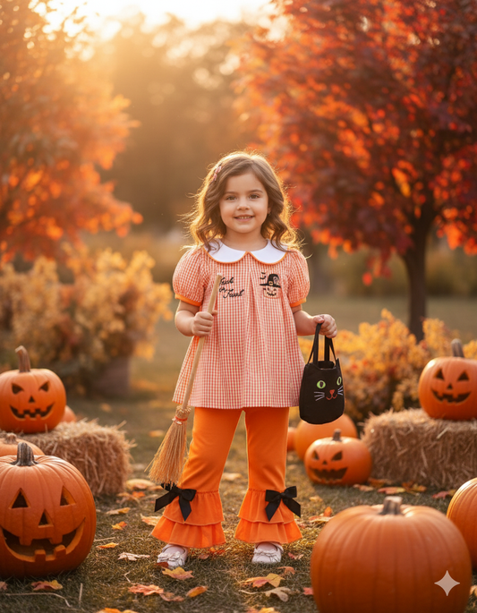 HALLOWEEN - ORANGE GINGHAM EMBROIDERY GIRL PANTS SET