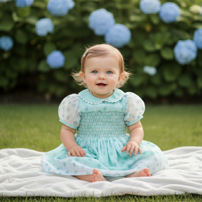 JENNY’S MINT CHIFFON SWISS DOT ROSE HAND SMOCKED DRESS