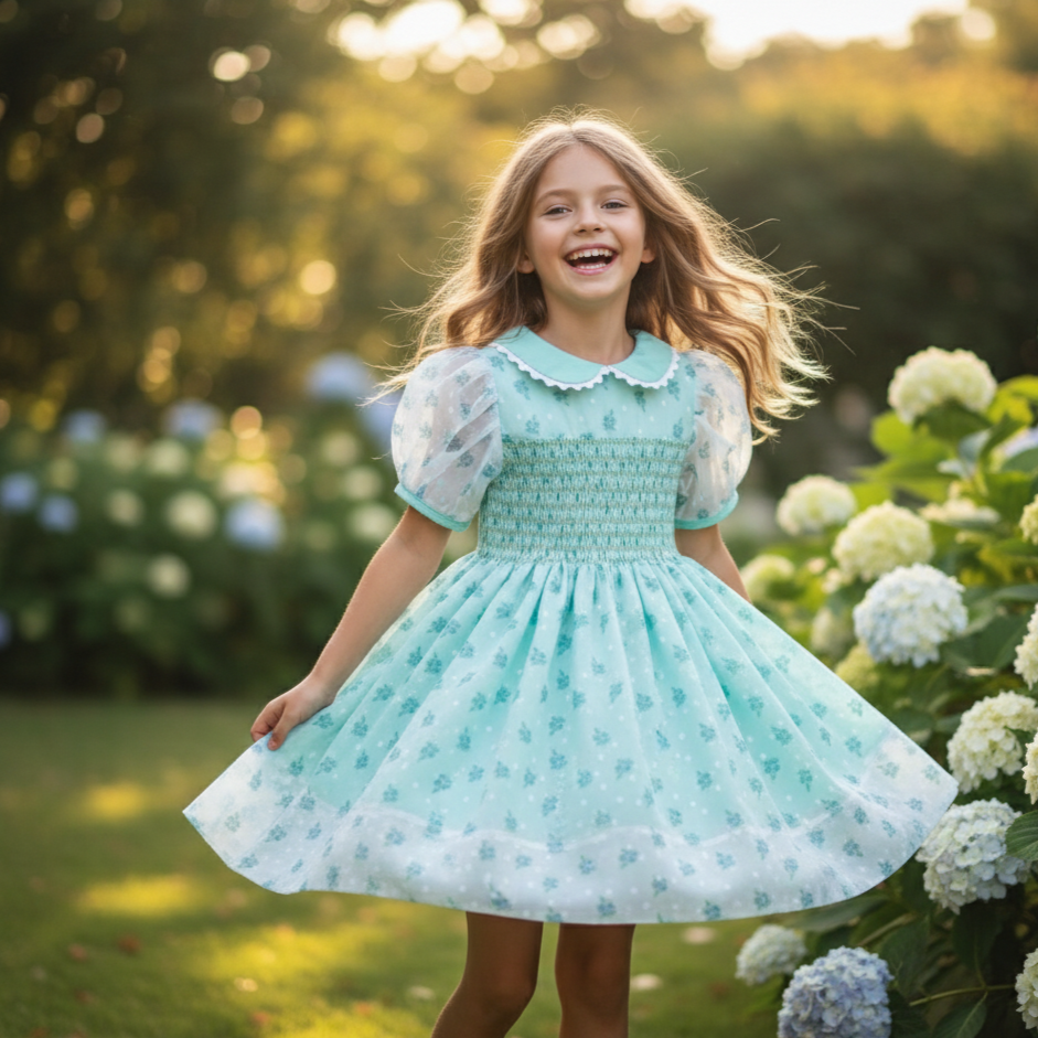 JENNY’S MINT CHIFFON SWISS DOT ROSE HAND SMOCKED DRESS