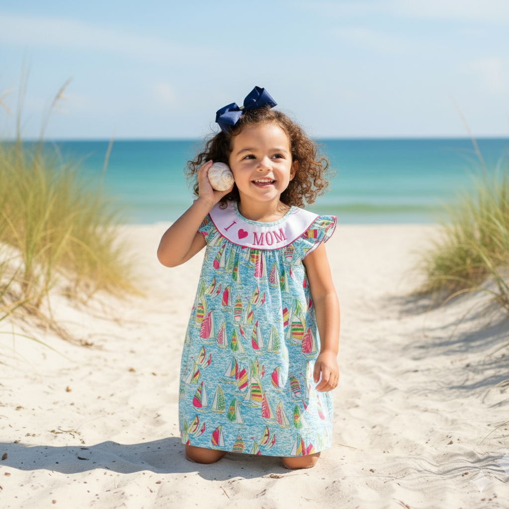 GREEN SAILBOAT I LOVE MOM EMBROIDERY GIRL DRESS