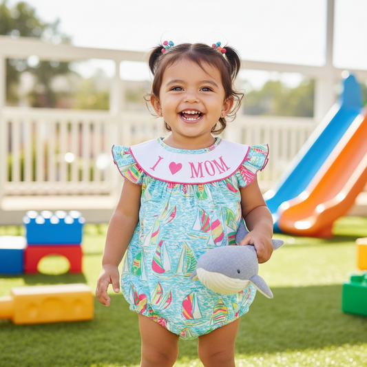 Green Sailboat Love I Love Mom Embroidery Girl Bubble