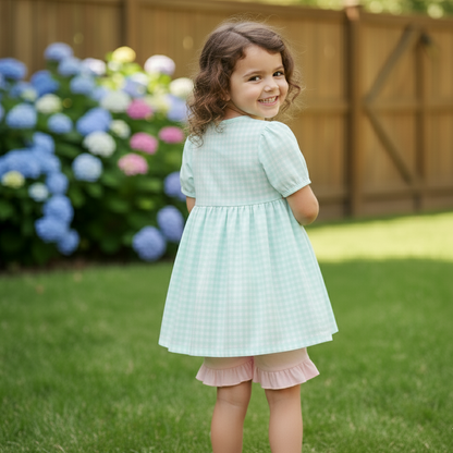 MAGICAL - BLUE PRINCESS EMBROIDERY GIRL GINGHAM SHORTS SET