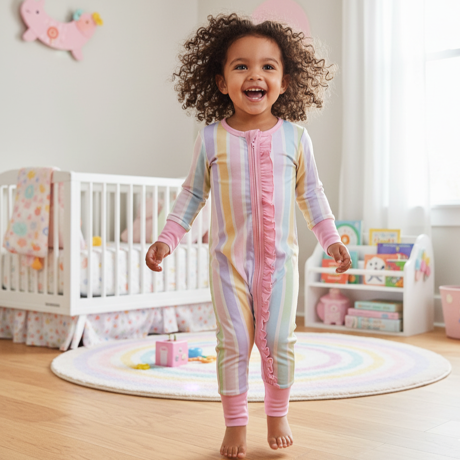 PREPPY PASTEL STRIPE RUFFLE BUTT SLEEPER ONESIE