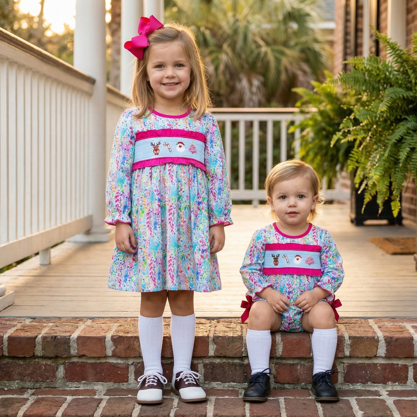A full outdoor shot captures two young children wearing matching outfits on a brick porch step during the daytime. The child on the left stands and smiles, wearing a long-sleeved dress with a smocked bodice featuring Christmas icons, white knee-high socks, and brown and white saddle shoes. She has long blonde hair with a pink bow. The child on the right, a toddler, sits on the step, wearing a matching bubble romper with the same smocked details, white knee-high socks, and dark blue saddle shoes. 