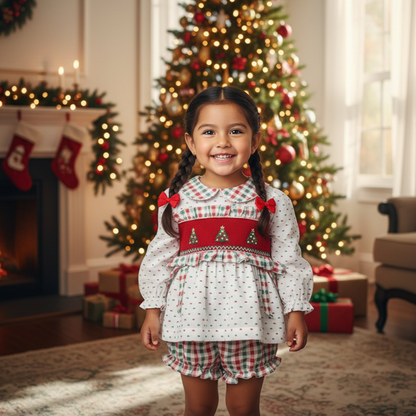 GIRLS HAND SMOCKED SWISS DOT CHRISTMAS TREE BLOOMER SET