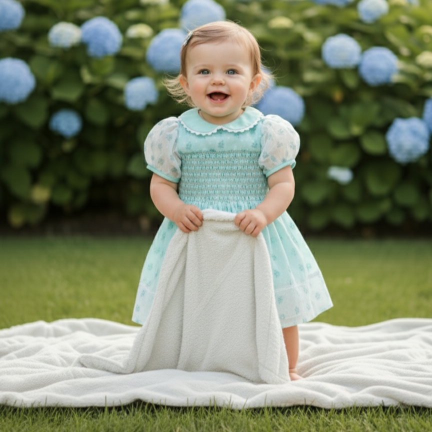 JENNY’S MINT CHIFFON SWISS DOT ROSE HAND SMOCKED DRESS