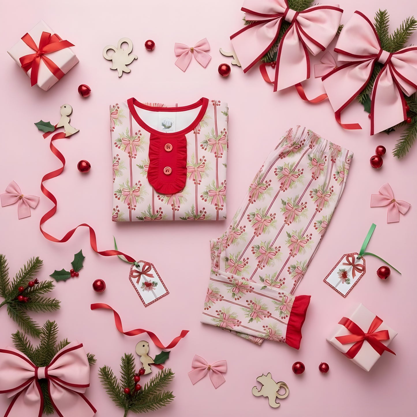 Bamboo Pajama Set featuring a festive pink and red bow print with holly accents, folded neatly alongside holiday ribbons, gift boxes, and pine branches on a pink background.