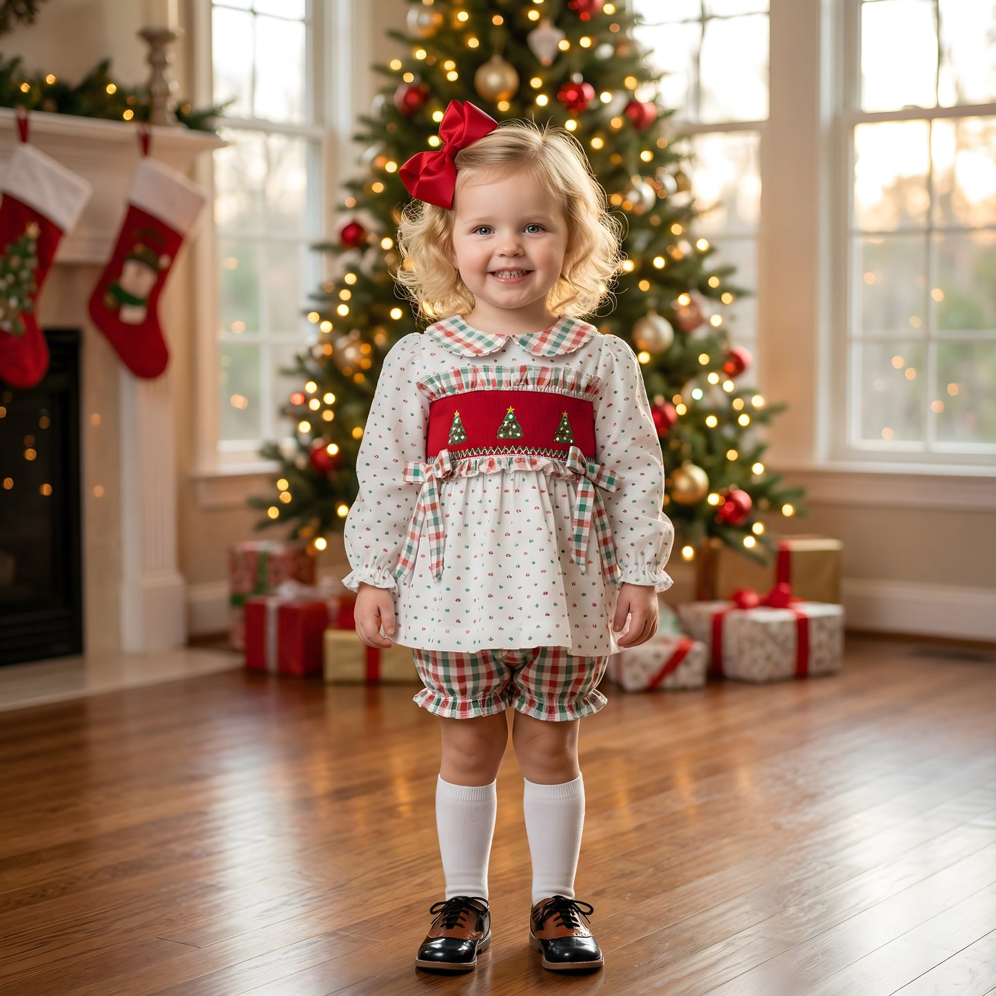 A full-body shot of a young girl wearing a two-piece Christmas ensemble. The top is white with red and green plaid piping on the Peter Pan collar and sleeves, featuring a red smocked panel with embroidered trees. She wears matching plaid ruffle shorts, white knee socks, and black-and-brown saddle shoes. The background is a warm, soft-focus living room with a Christmas tree and fireplace.