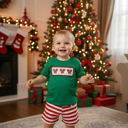 BOYS CHRISTMAS CANDY CANE EMBROIDERED SHORT SET