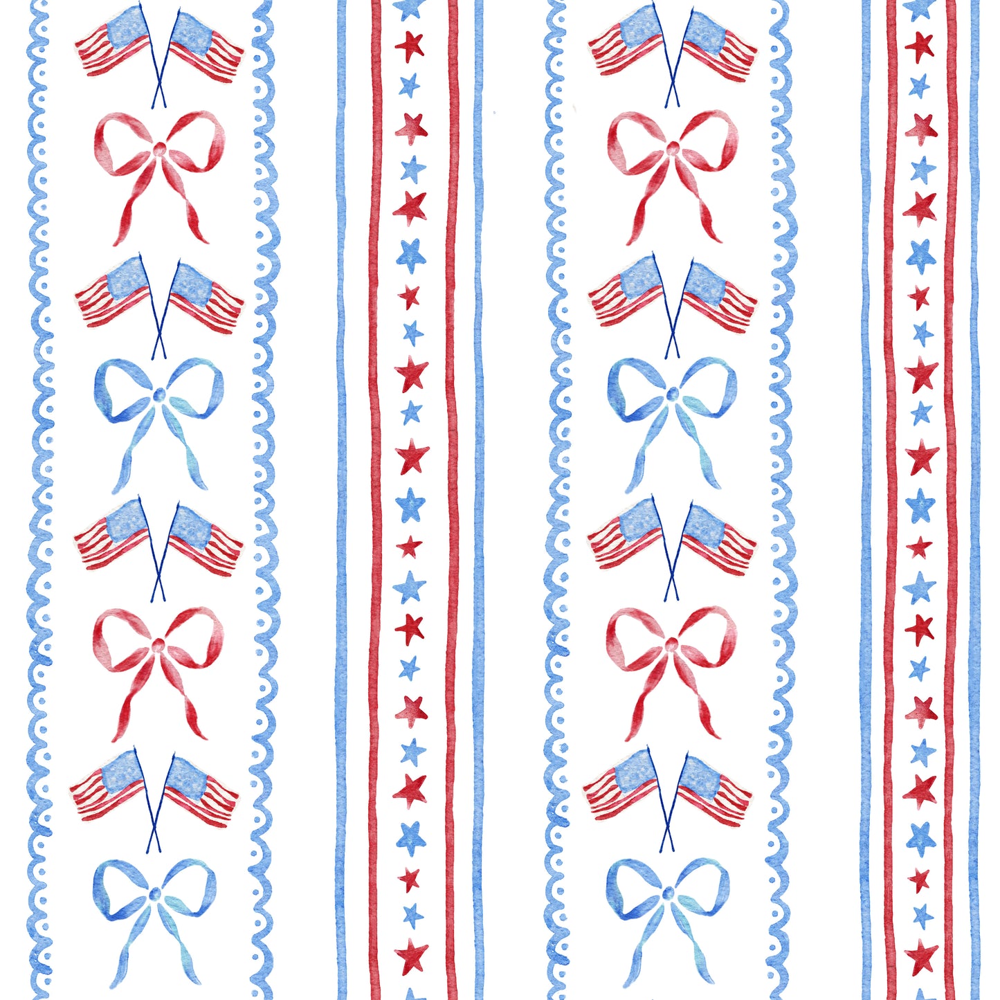 Decorative border with American flags, stars, and bows in red, white, and blue.