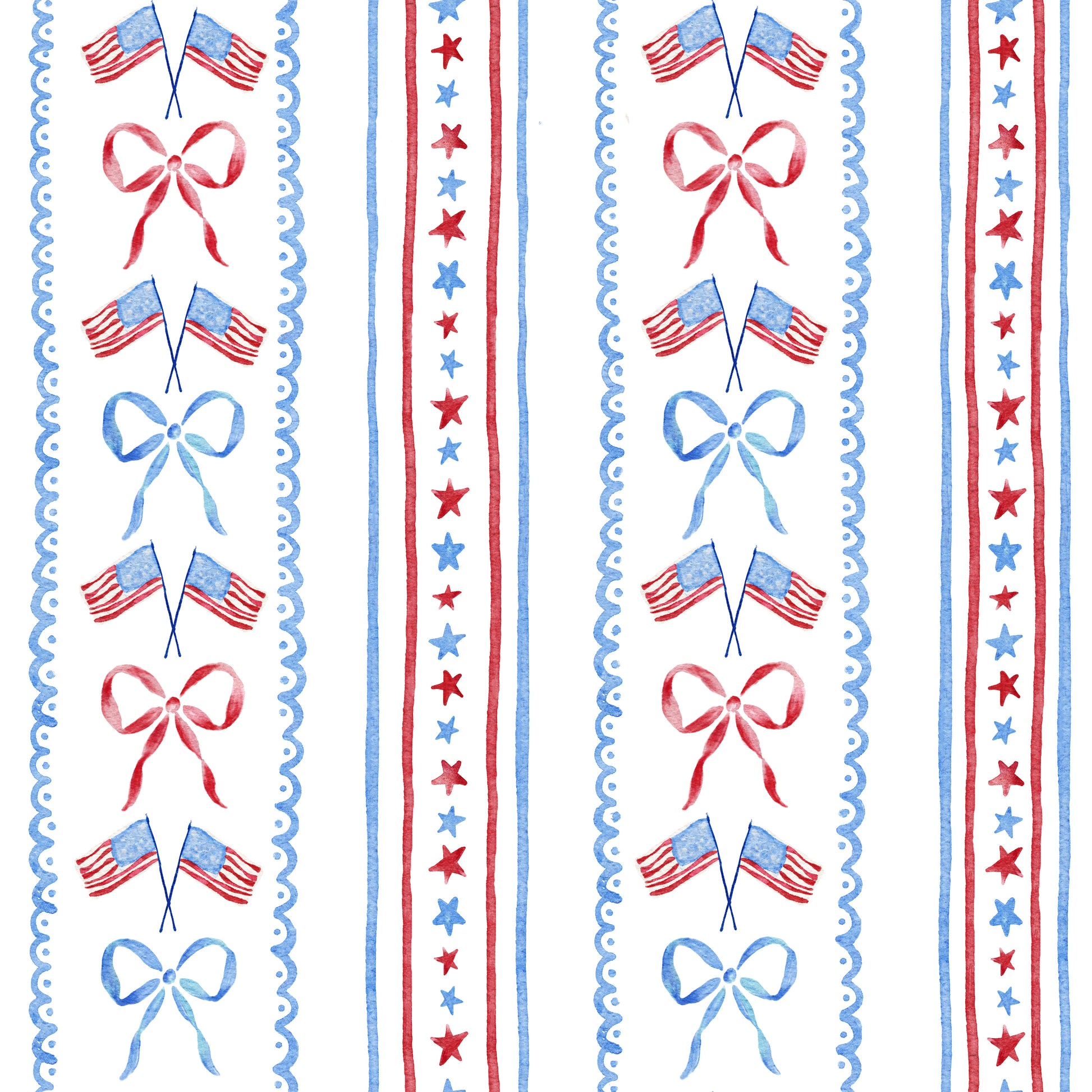 Decorative border with American flags, stars, and bows in red, white, and blue.