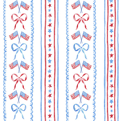 Decorative border with American flags, stars, and bows in red, white, and blue.