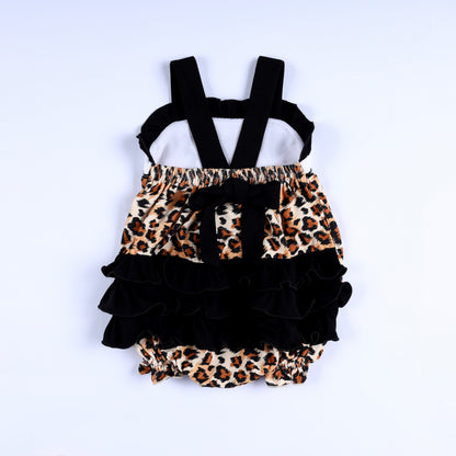 Back view of safari mouse leopard smocked baby bubble with black shoulder straps and layered ruffle bum.