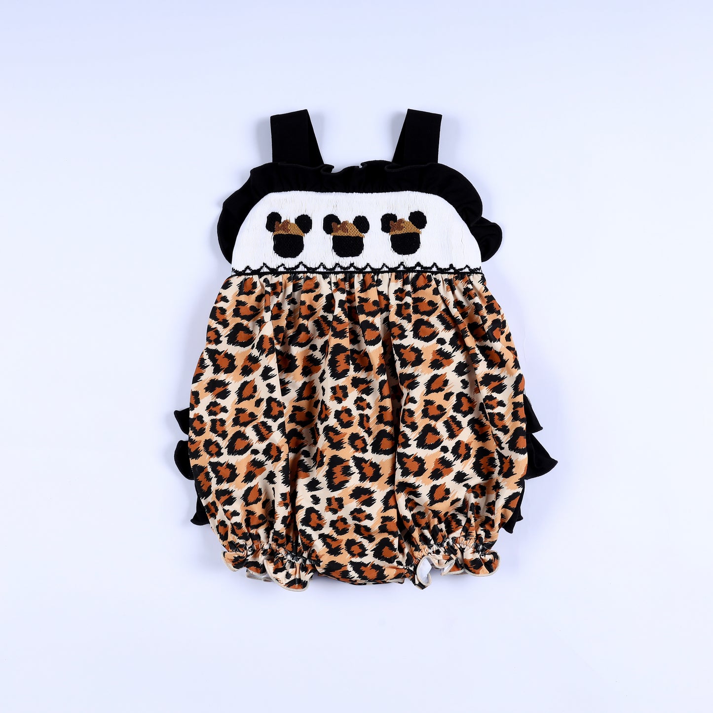 Animal Kingdom safari mouse hand smocked and embroidered leopard print baby bubble romper front full view.