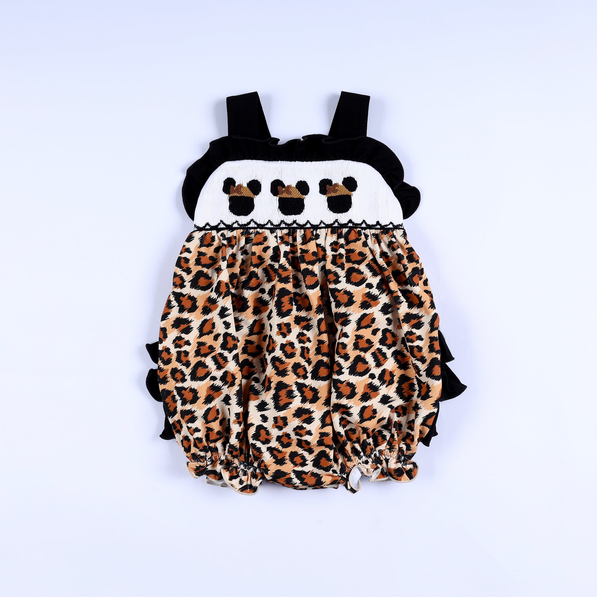 Animal Kingdom safari mouse hand smocked and embroidered leopard print baby bubble romper front full view.
