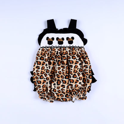 Animal Kingdom safari mouse hand smocked and embroidered leopard print baby bubble romper front full view.