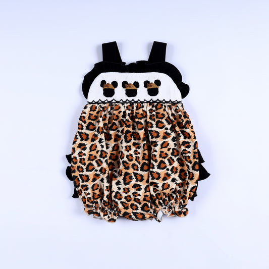 Animal Kingdom safari mouse hand smocked and embroidered leopard print baby bubble romper front full view.