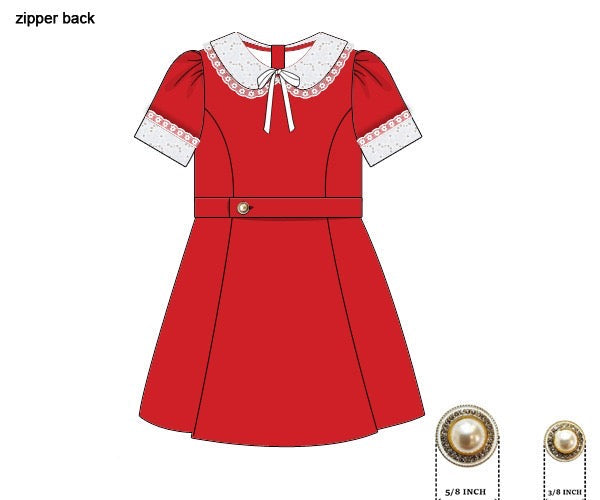 Red pique girls dress with white lace collar and embellished pearl buttons.