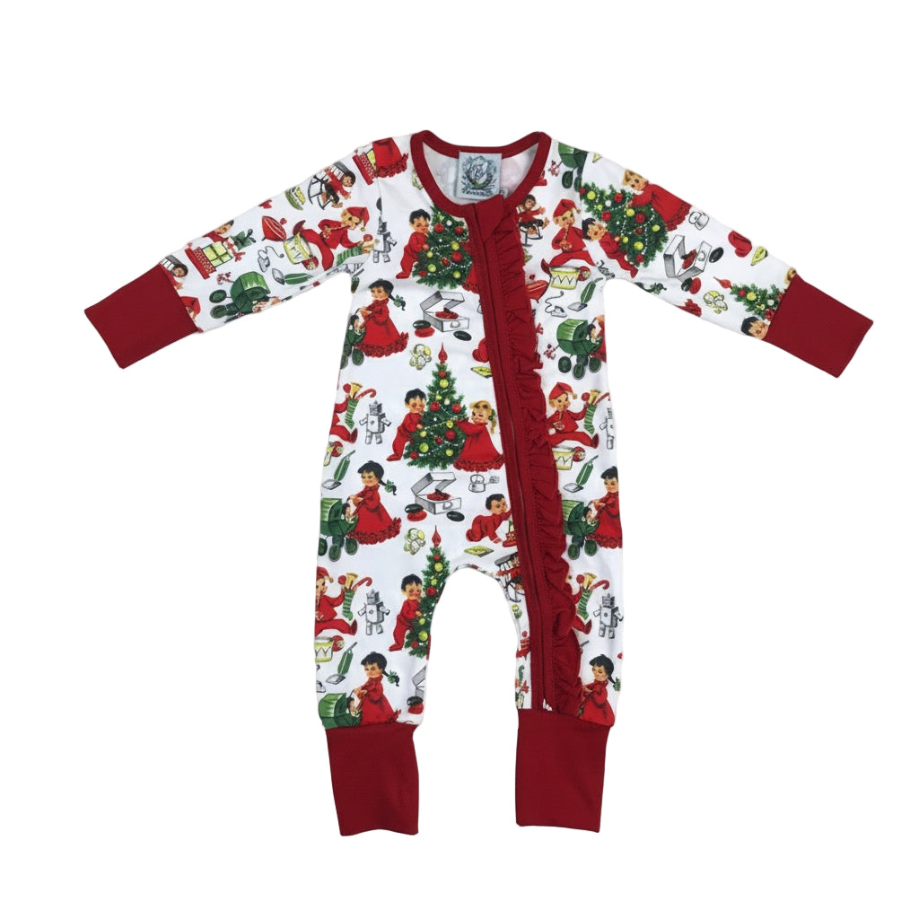 Antique Christmas Morning Child's Play Zippy flat lay with red ruffle trim and retro holiday toy print.