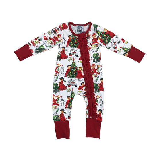 Antique Christmas Morning Child's Play Zippy flat lay with red ruffle trim and retro holiday toy print.
