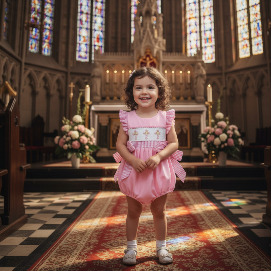 HAND SMOCKED PINK CROSSES ANGEL SLEEVES