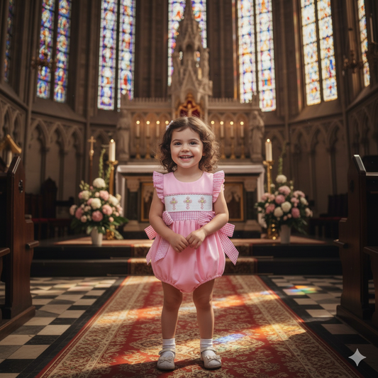 HAND SMOCKED PINK CROSSES ANGEL SLEEVES